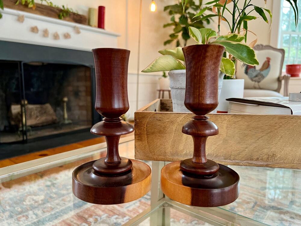 Wooden Candlesticks Pair Hand Carved Tulip Olive Wood Danish Modern MCM